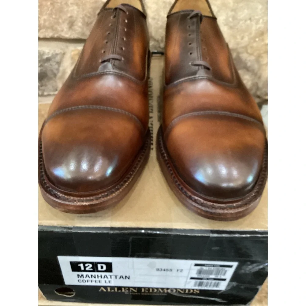 Allen Edmonds Reserve Manhattan Coffee Brown Leather Cap Toe Oxford Shoes 12 New